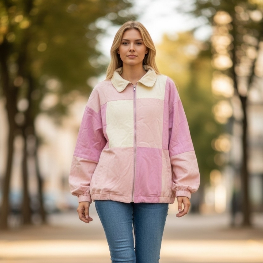 Colorblock Windbreaker Jacket - Pink & White